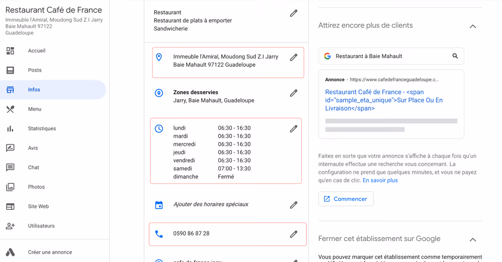 Adresse, horaires, téléphone google my business
