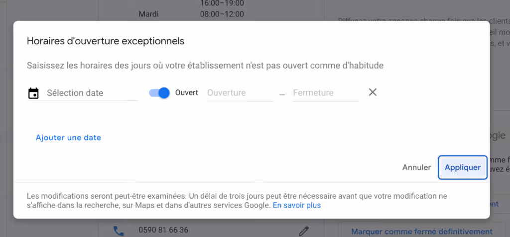 horaires exceptionnels