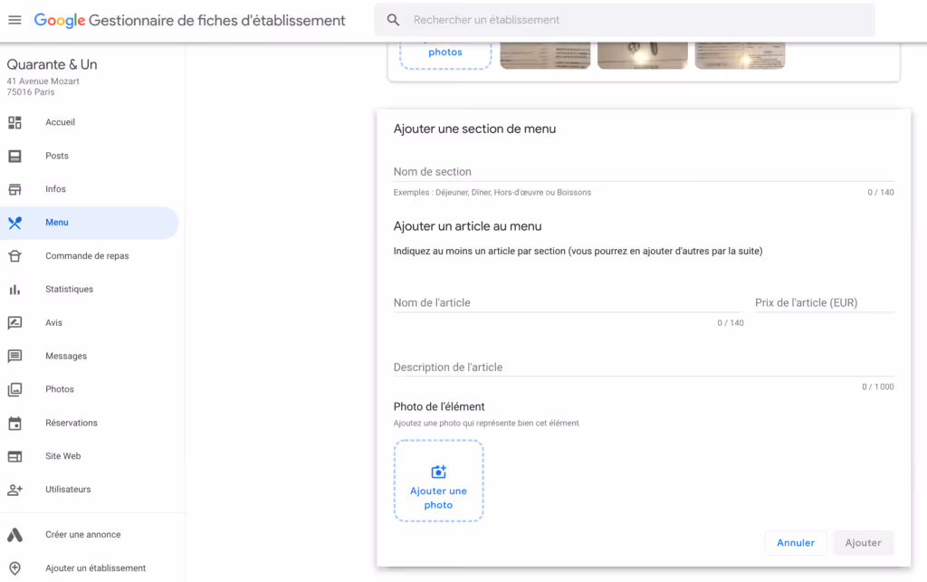 Comment ajouter un Menu Google Business