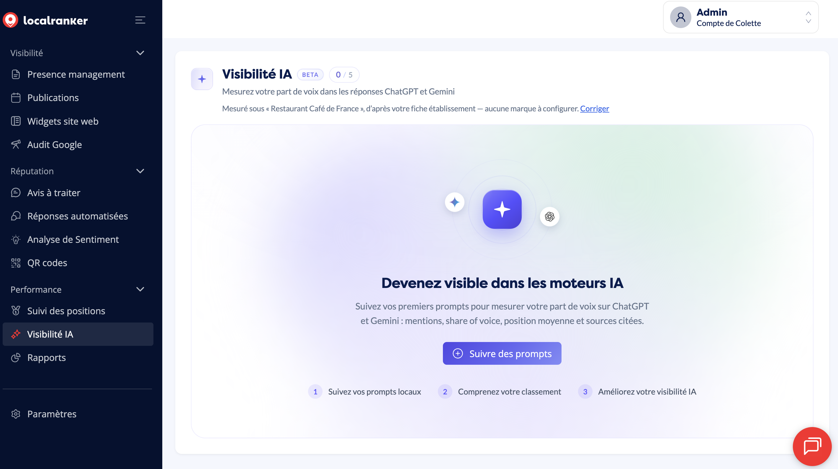 Suivi de visibilité ChatGPT et Gemini
