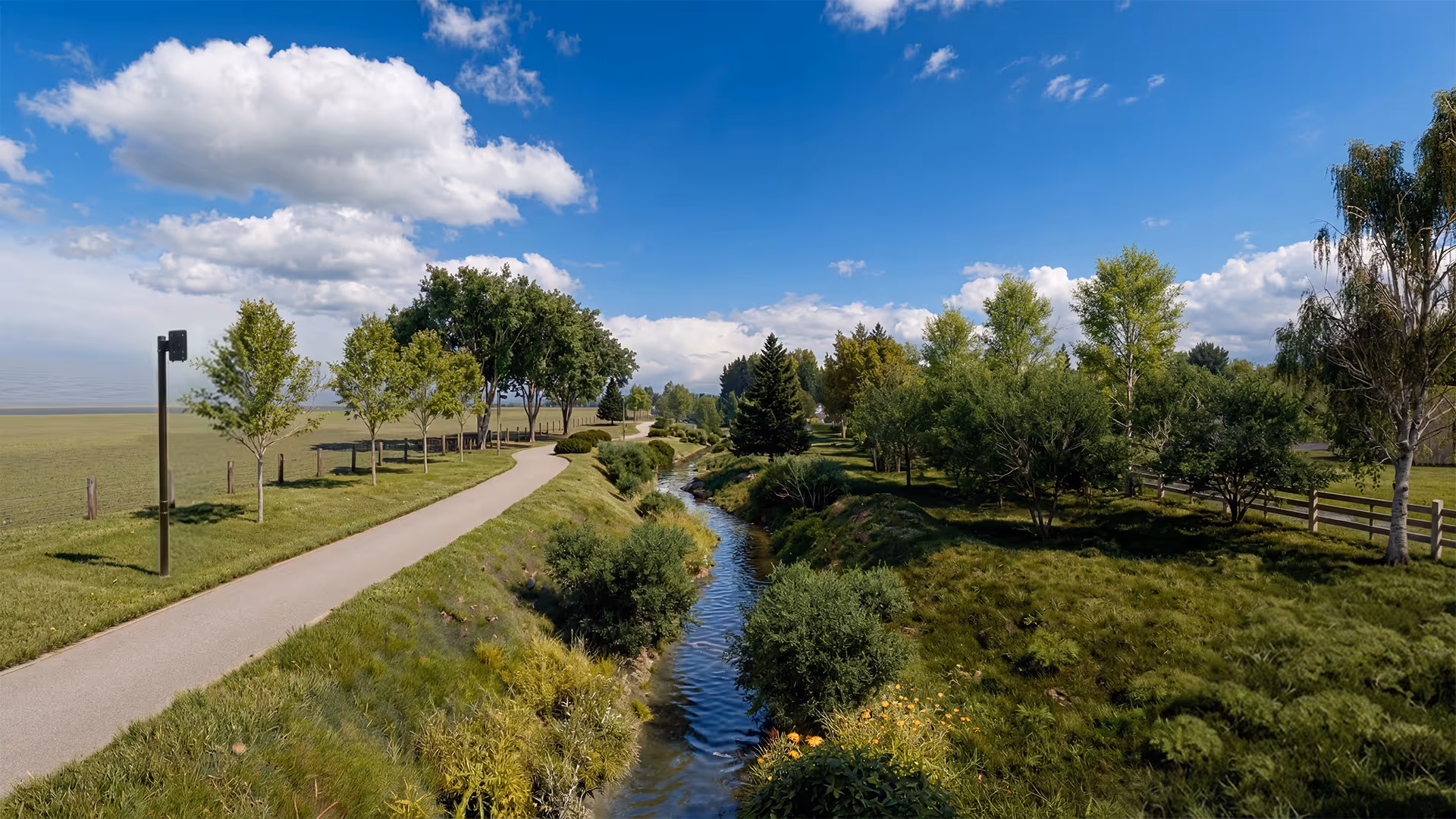 A winding paved path beside a small stream lined with green trees under a blue sky with scattered clouds.
