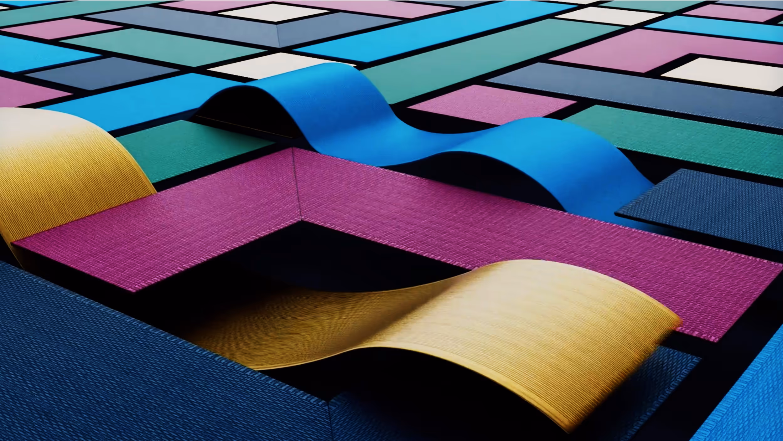 Colorful textured rectangular panels with wavy yellow and blue shapes on top.