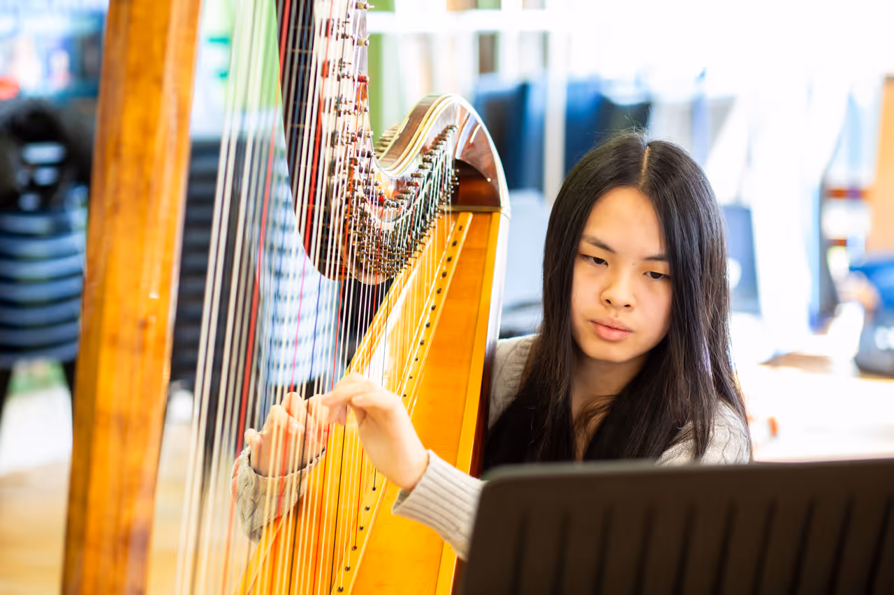 Young woman attentively playing a wooden harp while reading sheet music.