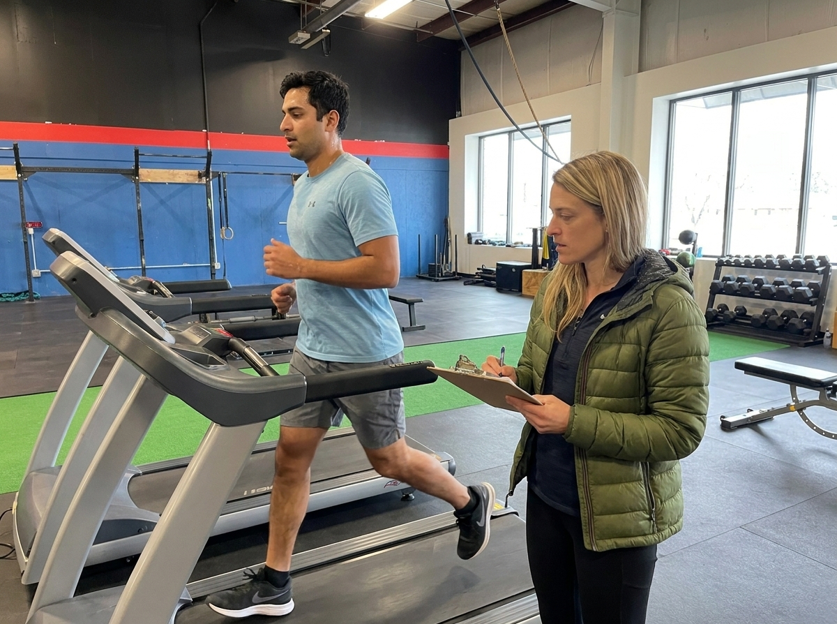 Patient working with a provider at a running physical therapy clinic in Derry, NH, during a running gait analysis session