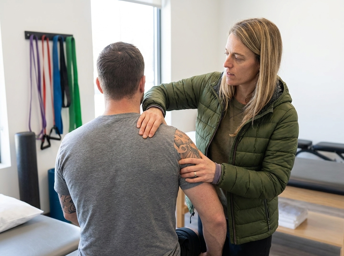 Patient receiving manual therapy on their shoulder from a physical therapist at a sports physical therapy clinic in Derry, NH
