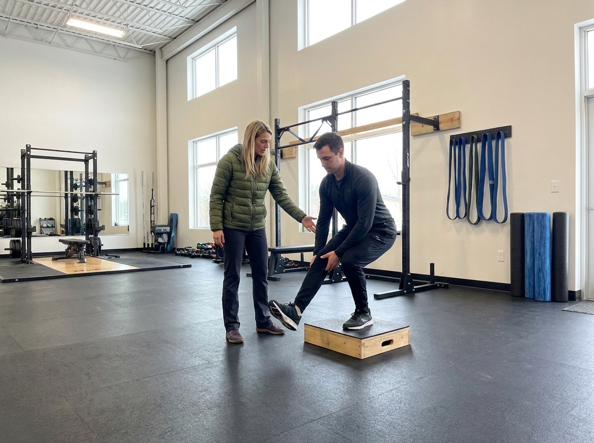Patient performing a lower body strengthening exercise with guidance from a physical therapist at a performance physical therapy clinic in Derry, NH