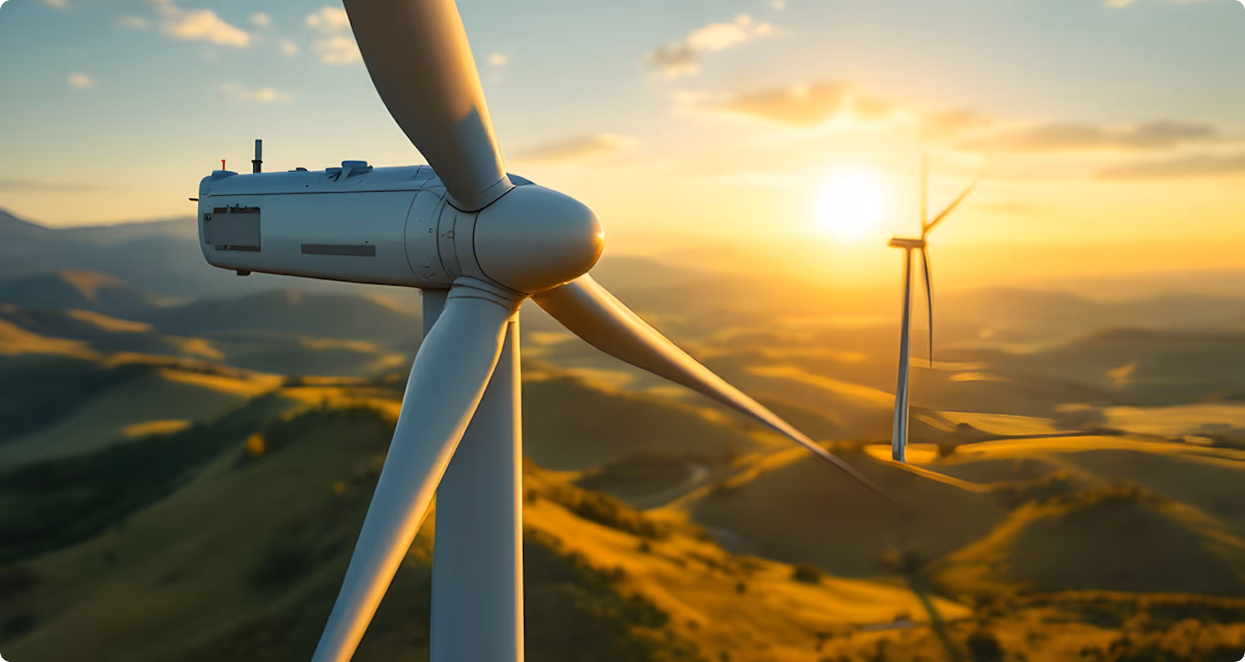 Close-up of a wind turbine with another turbine and sun setting over rolling hills in the background.