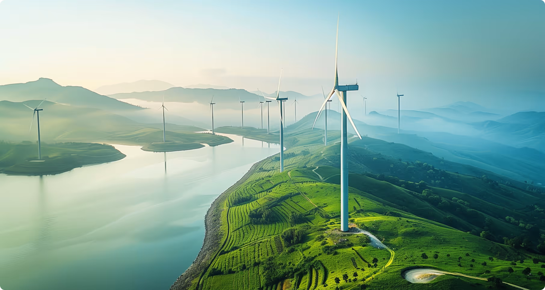 Wind turbines on green hills beside a calm river with misty mountains in the background.