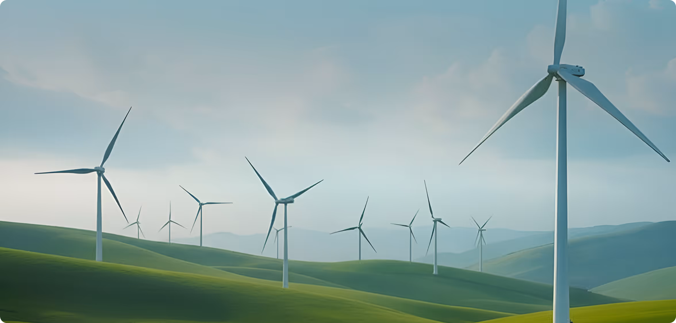 Wind turbines spread across rolling green hills under a cloudy sky.