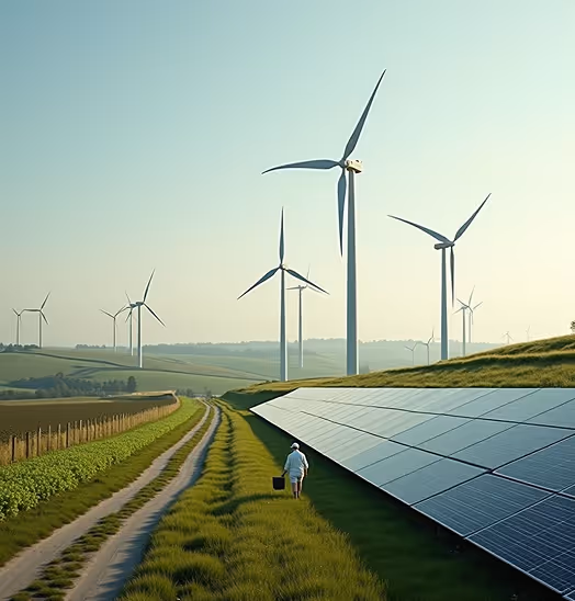 Person walking on a grassy path beside solar panels with multiple wind turbines in the background under a clear sky.