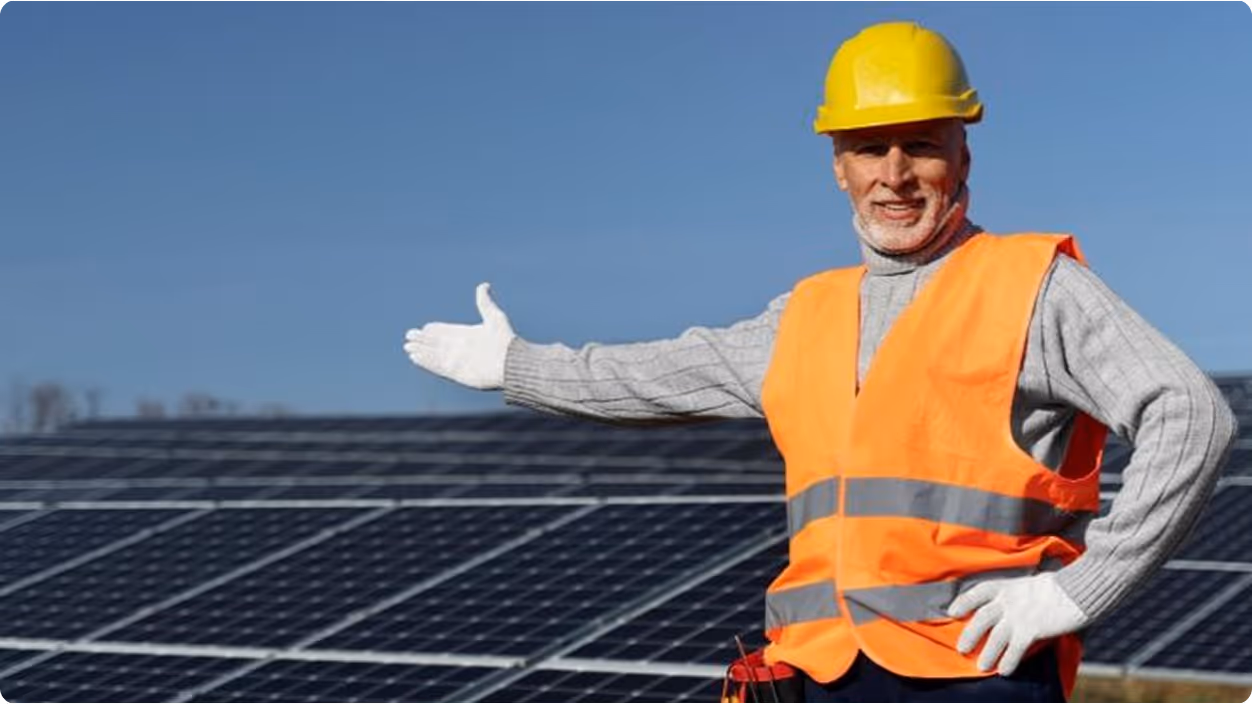 Construction worker in a yellow helmet and orange safety vest gesturing towards a solar panel array under clear blue sky.