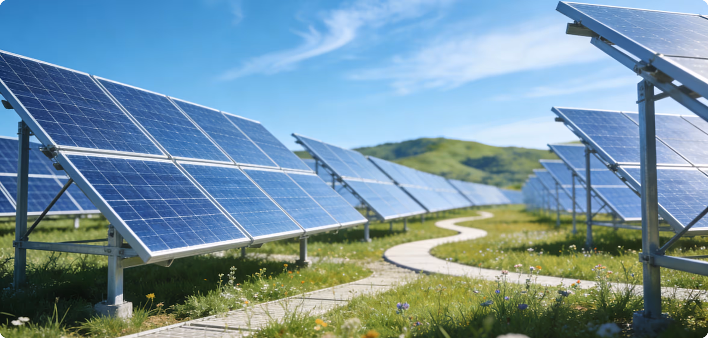 Rows of blue solar panels installed on metal frames in a green field with wildflowers under a bright blue sky.