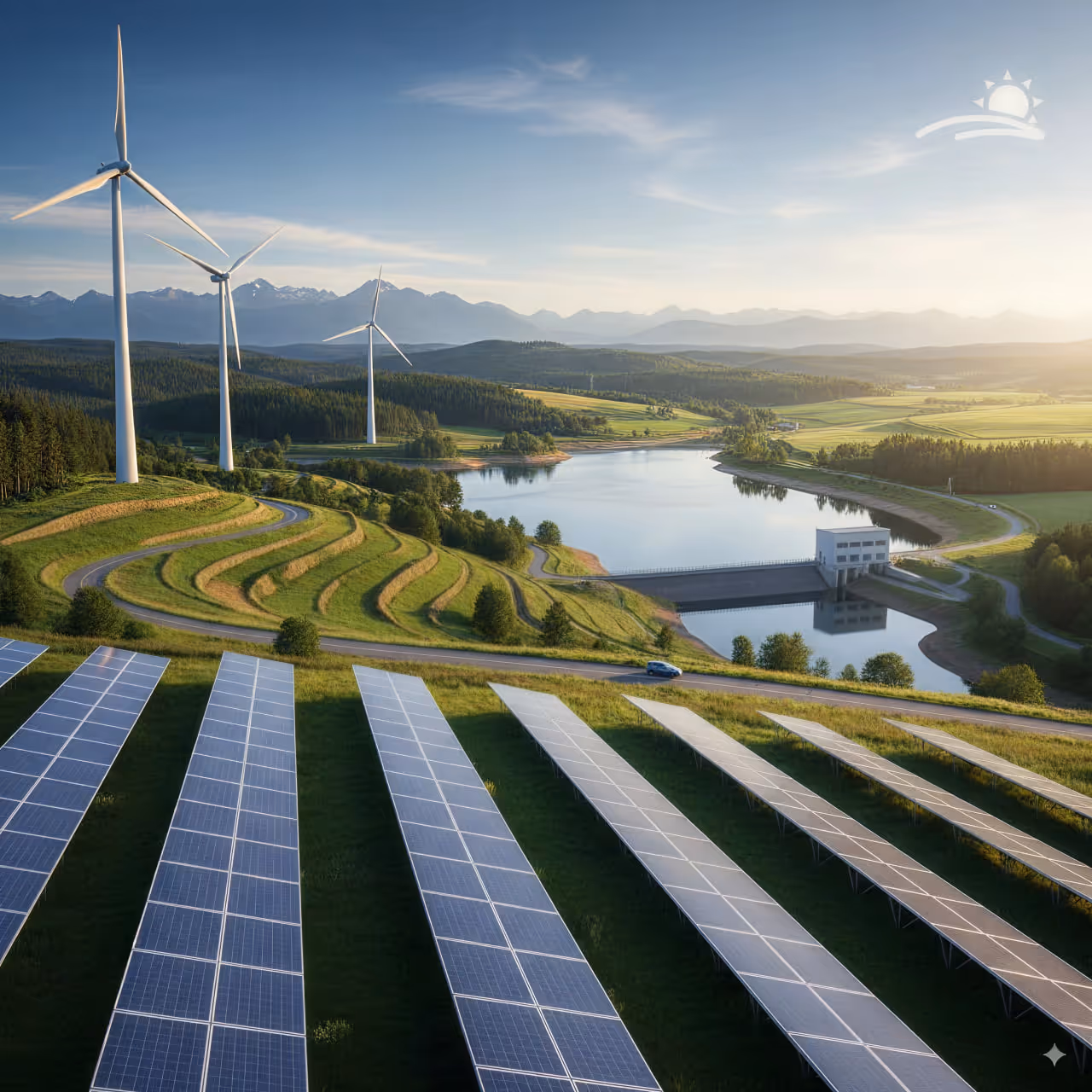 Solar panels, wind turbines, and a dam in a green rural landscape with a lake and mountains in the background.
