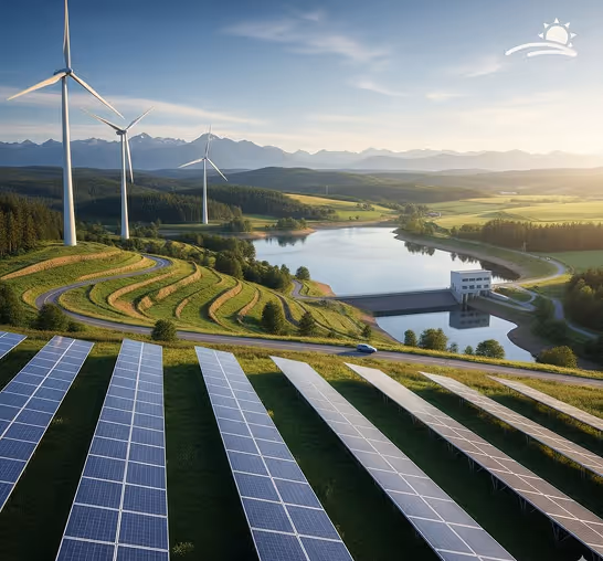 Landscape with solar panels, wind turbines, a reservoir, and a hydroelectric dam surrounded by green fields and mountains under a partly cloudy sky.
