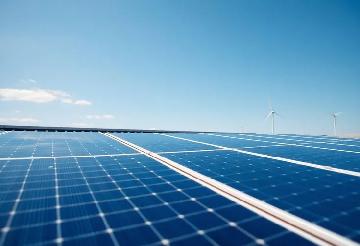 Close-up of solar panels with wind turbines under a clear blue sky.