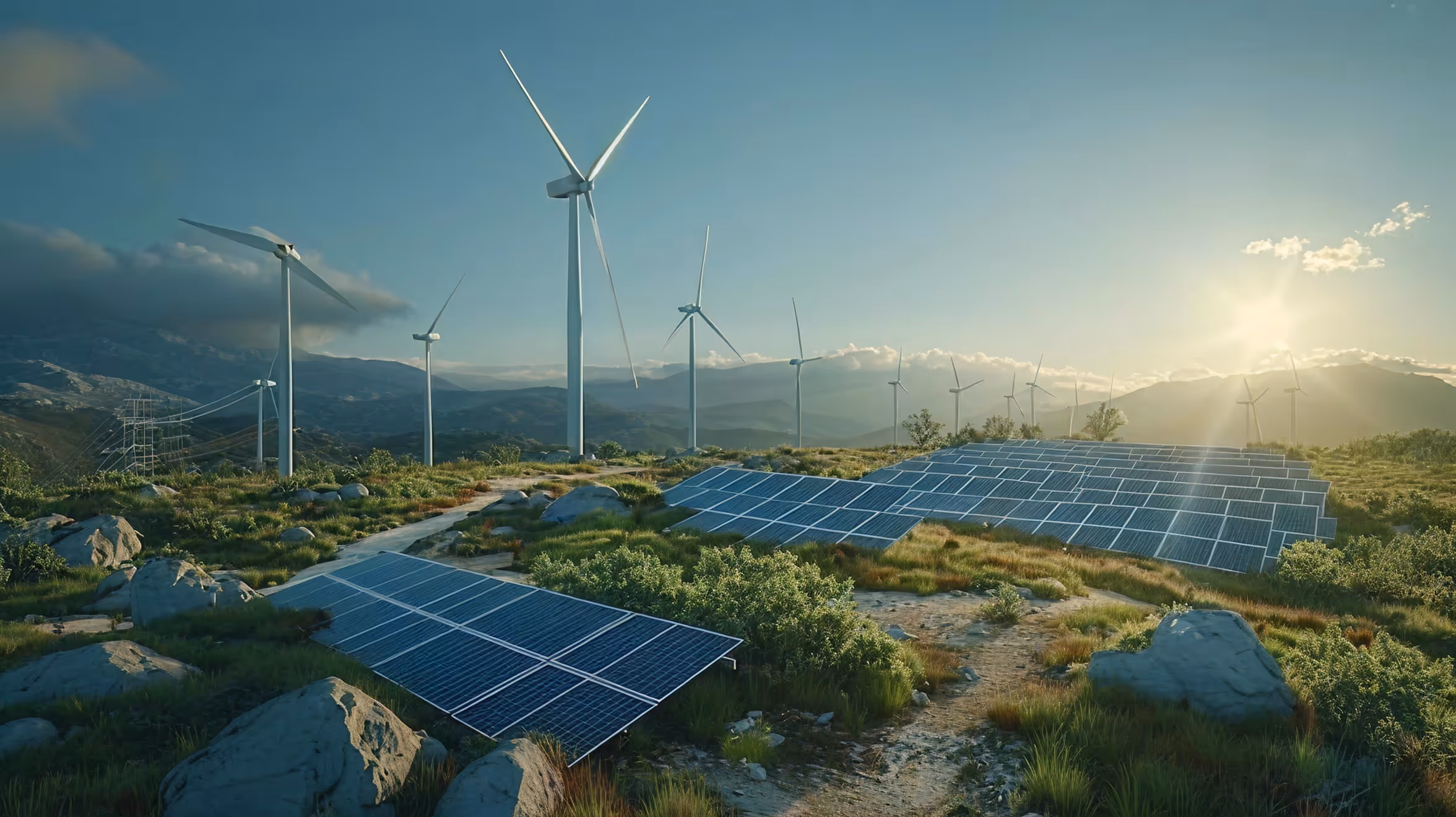 Solar panels and wind turbines in a green mountainous landscape under a sunny sky.