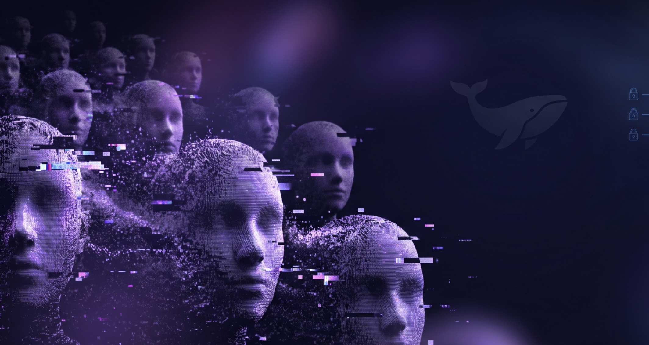 Rows of purple digital faces fragmenting into pixels, illustrating synthetic identities and AI-enabled fraud.