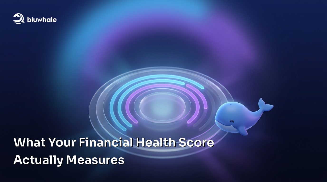 A circular financial health gauge beside the Bluwhale mascot.