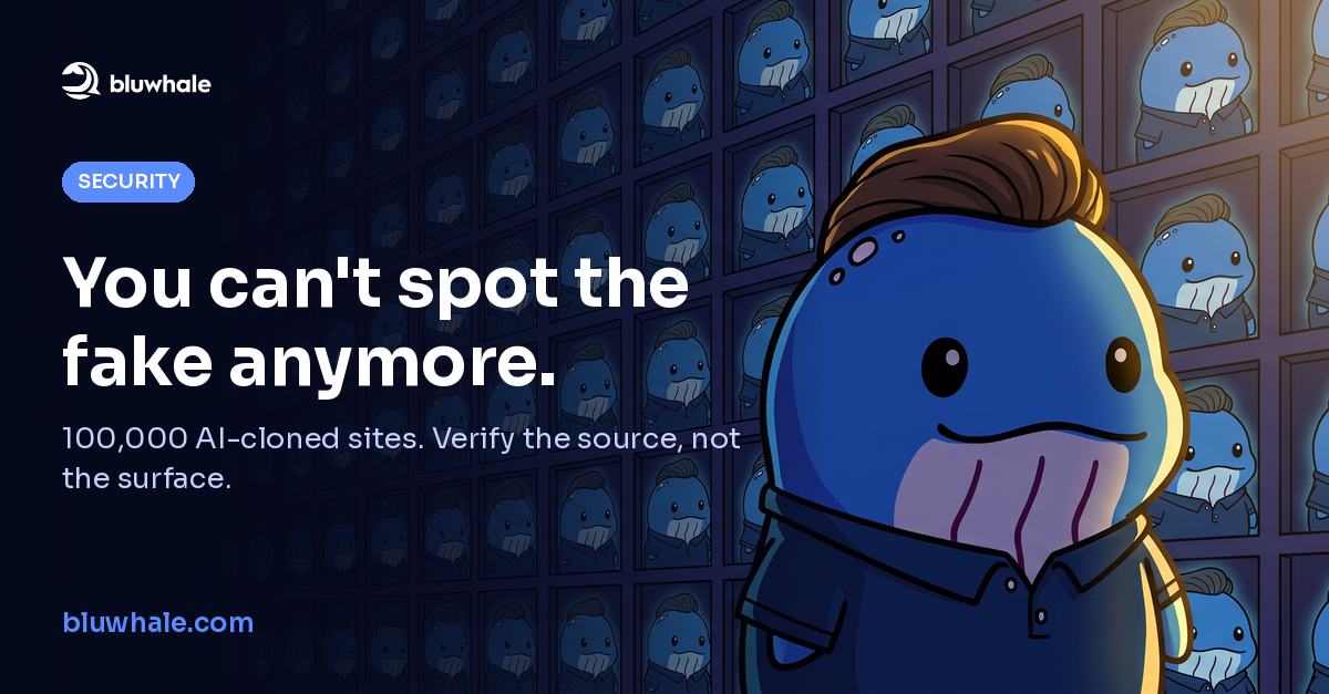 Bluwhale mascot repeated across cloned screens beside a warning about 100,000 AI-generated imitation websites.