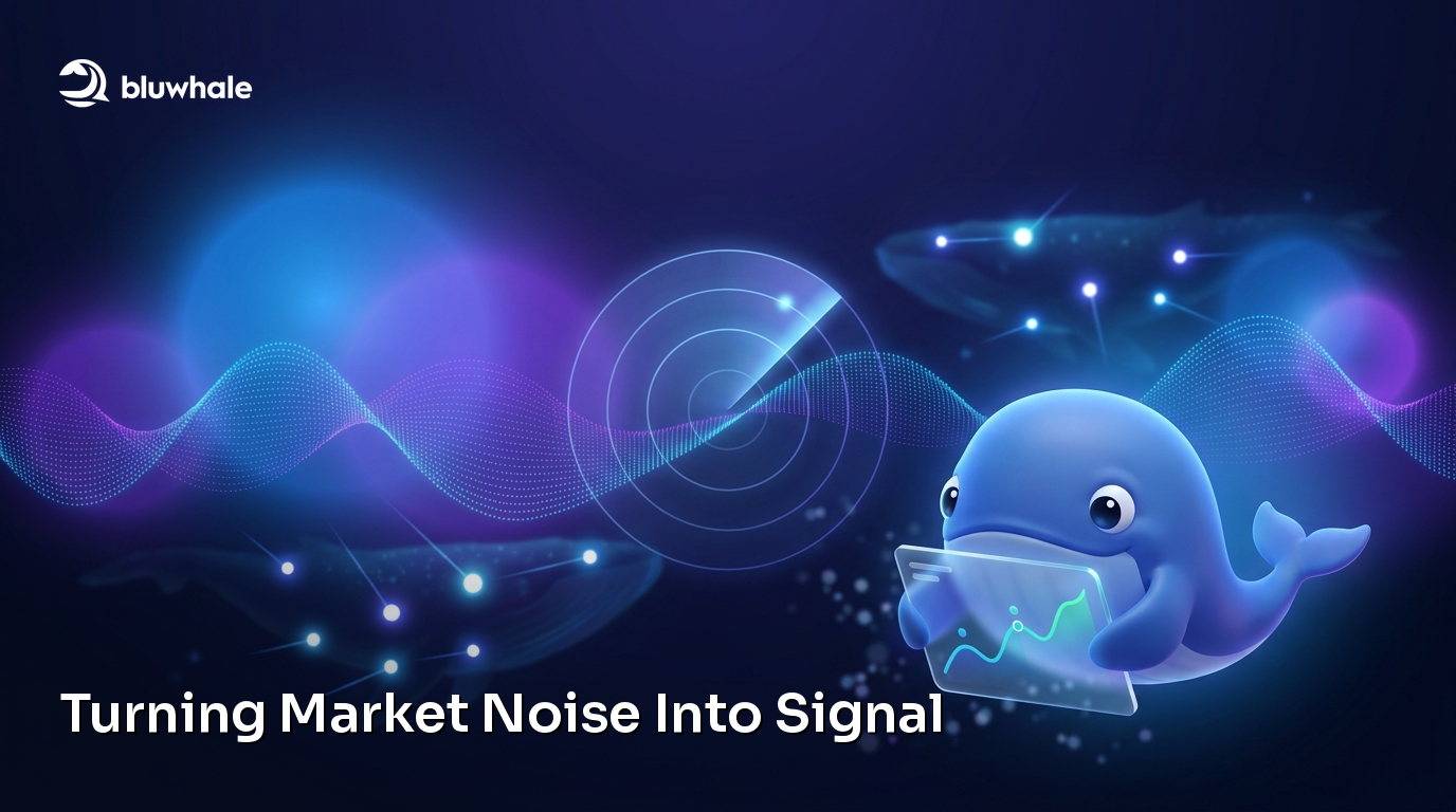 The Bluwhale mascot examines a chart amid signal waves and connected data points.