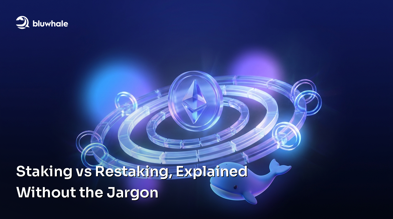 An Ethereum symbol sits within interconnected rings, illustrating staking and restaking.