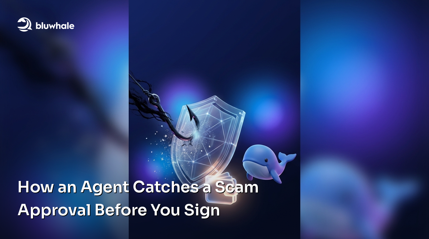 A protective shield blocks a phishing hook beside the Bluwhale mascot.