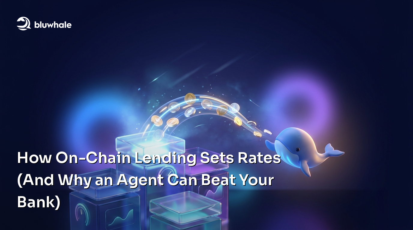 Coins flow between transparent lending blocks beside the Bluwhale mascot.
