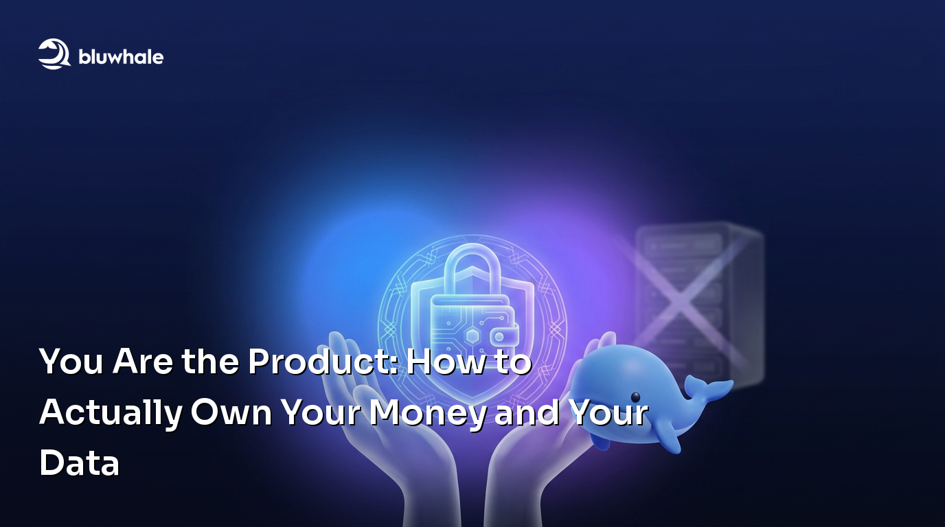 Hands hold a glowing wallet and padlock beside the Bluwhale mascot, illustrating control of financial data.