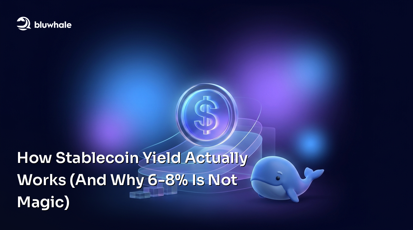 A dollar-denominated coin above stacked blocks beside the Bluwhale mascot, illustrating stablecoin yield.