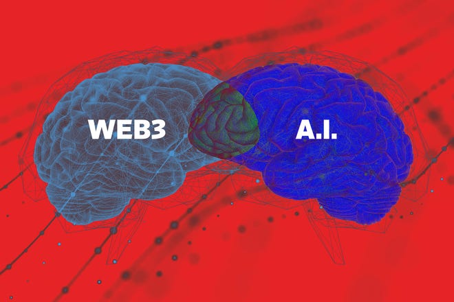 Two overlapping brain illustrations labeled Web3 and A.I. on a red background.