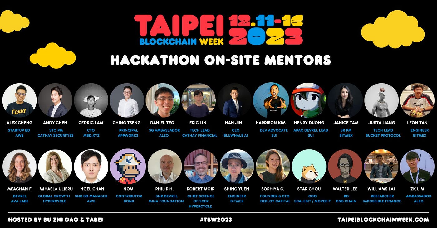 Taipei Blockchain Week 2023 poster showing the hackathon's on-site mentors.