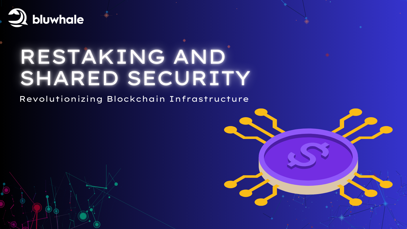 A token connected to branching circuits illustrates restaking and shared blockchain security.