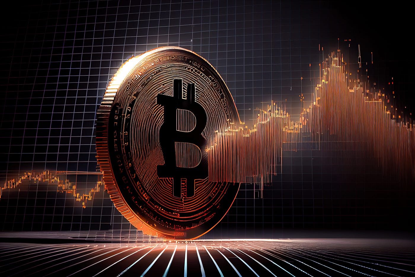 A Bitcoin coin in front of a financial market price chart.
