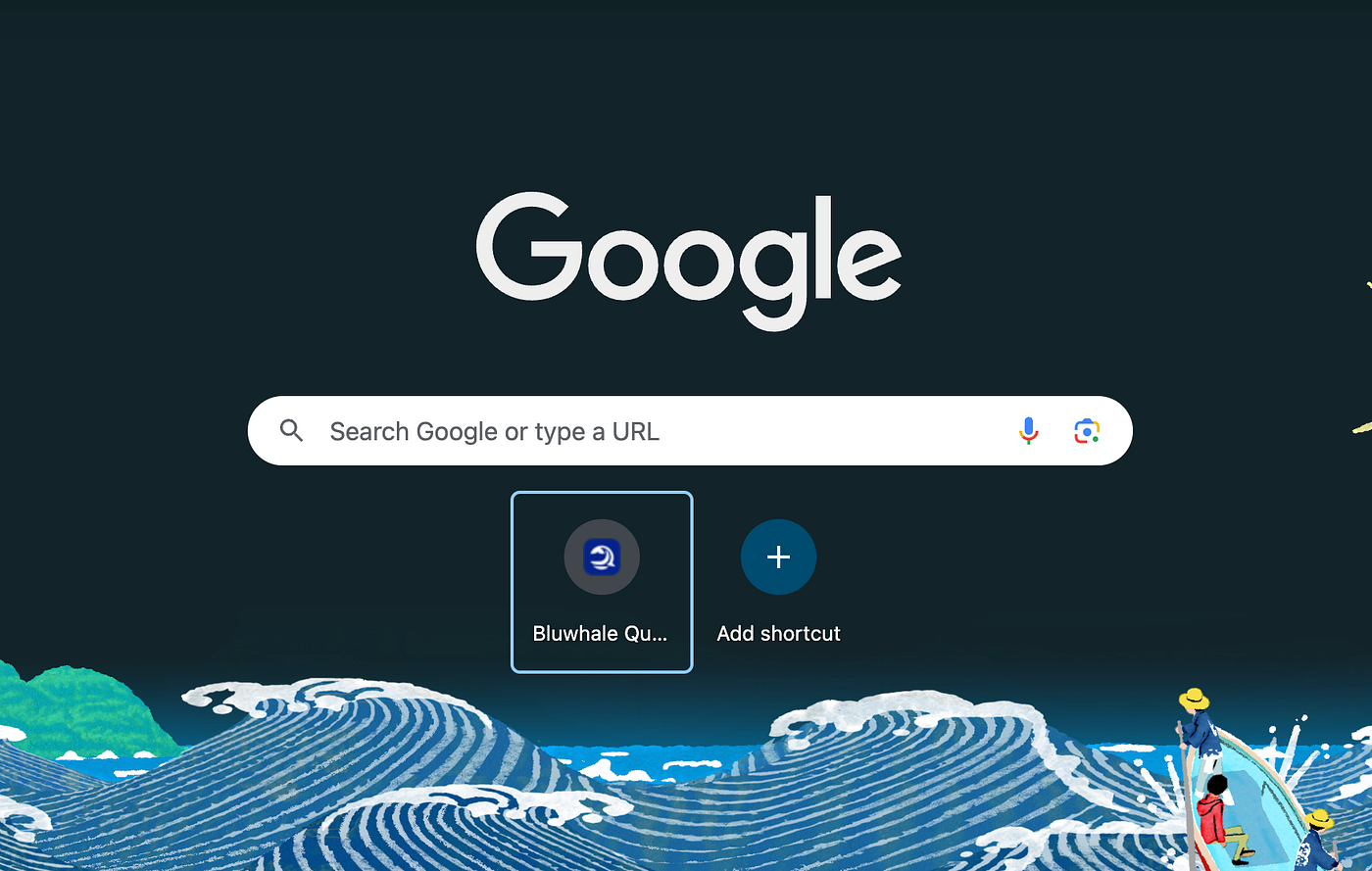 Chrome new-tab page showing a shortcut to the Bluwhale questing platform.