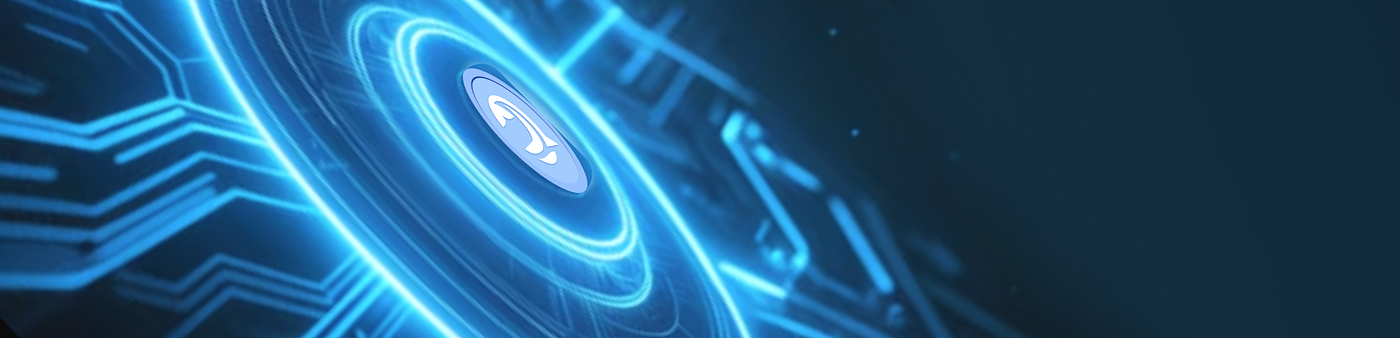 Bluwhale emblem at the center of glowing blue circuit-board connections.