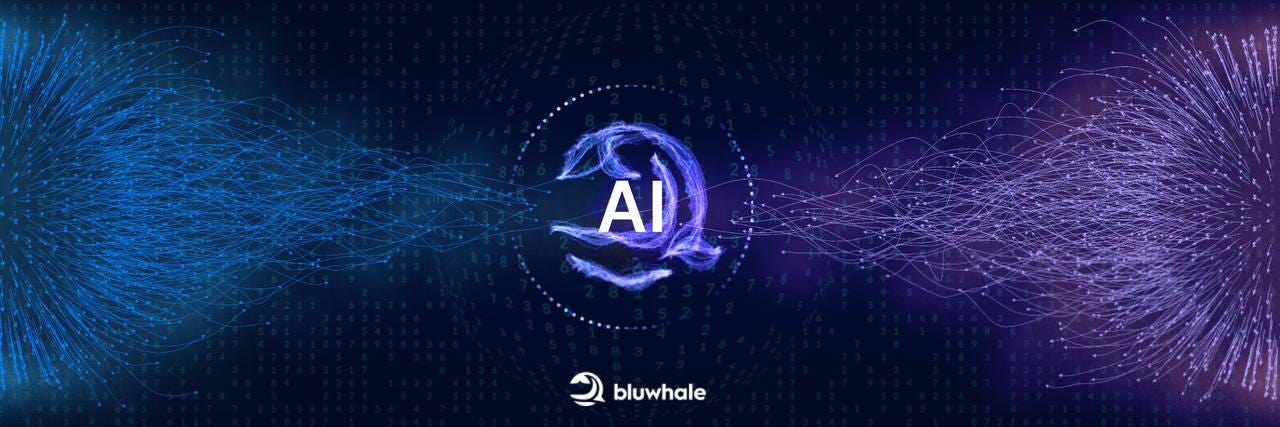 An AI symbol connects blue and purple streams of network data in a Bluwhale illustration.