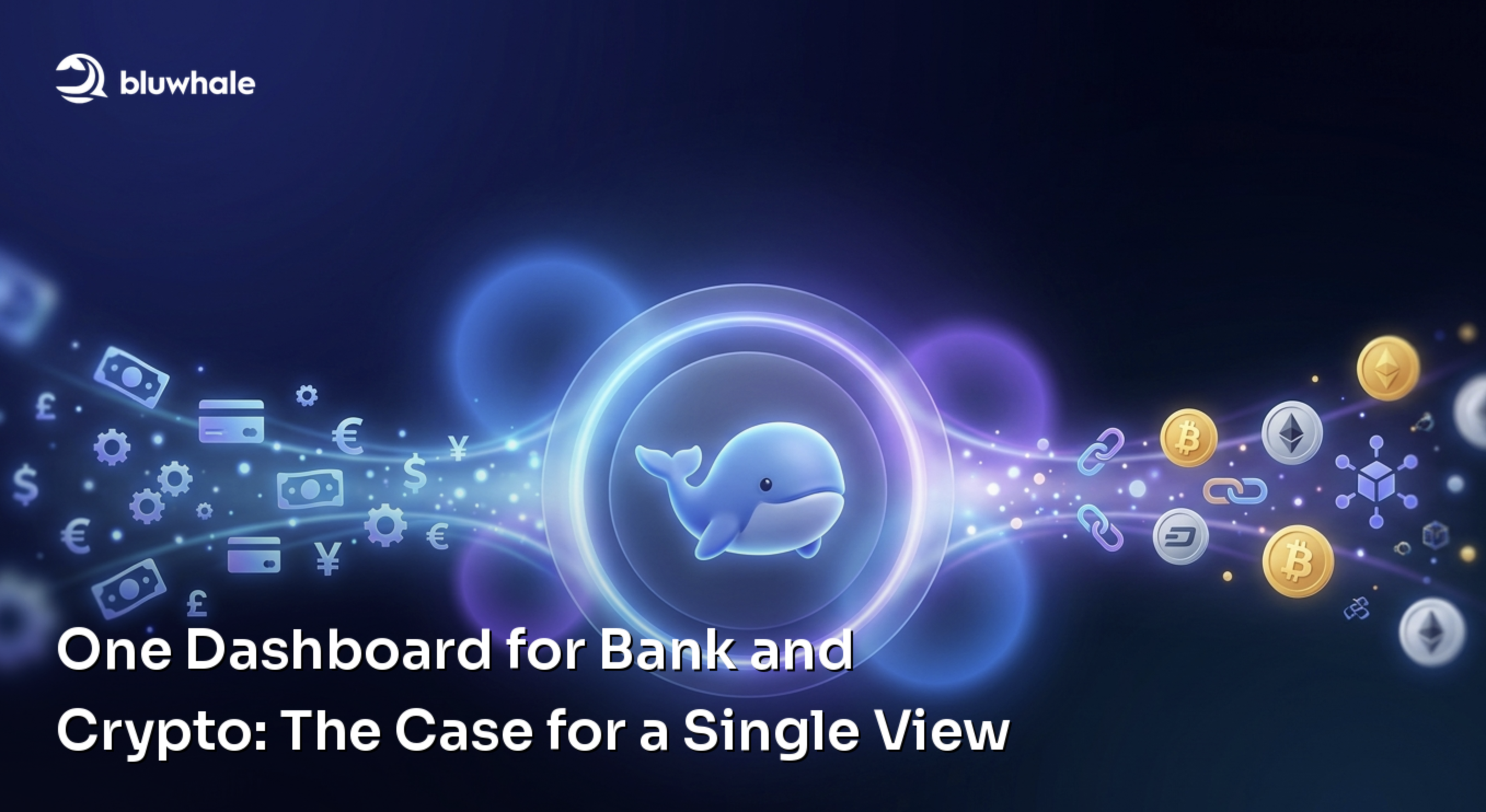 Banknotes, currency symbols and cryptocurrency icons converge around the Bluwhale mascot.