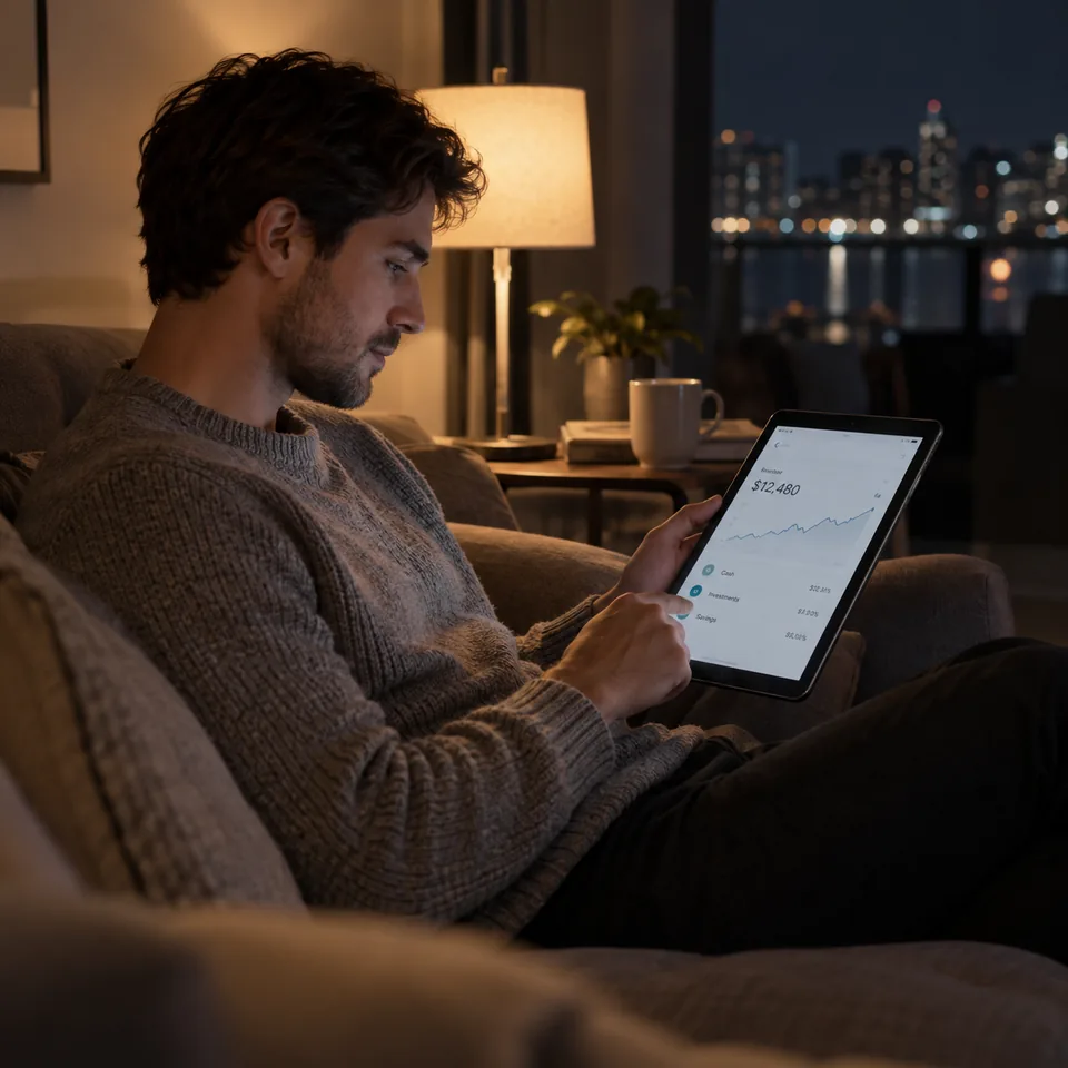 A man reviewing information on a tablet while seated by a window at night.