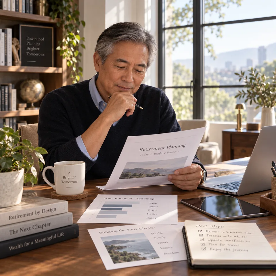 A man reviewing printed financial statements at a desk beside a laptop.