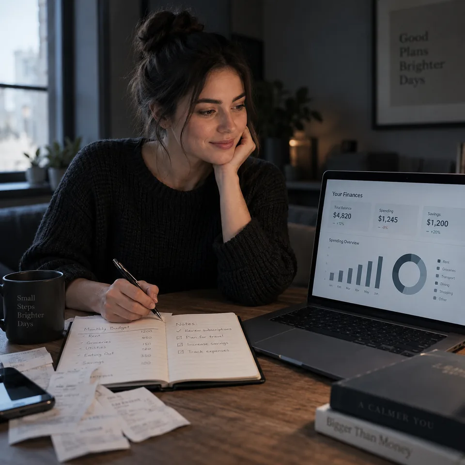 A woman taking notes beside a laptop displaying financial charts.