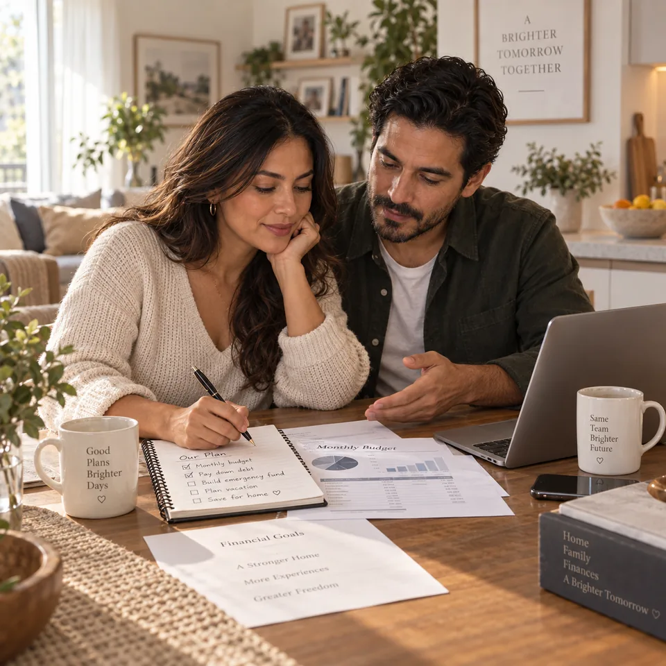 A couple reviewing a notebook and household financial documents beside a laptop.