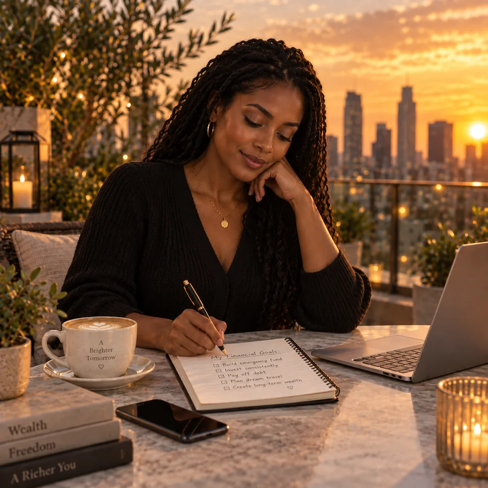 A woman writing in a notebook beside a laptop on a terrace at sunset.