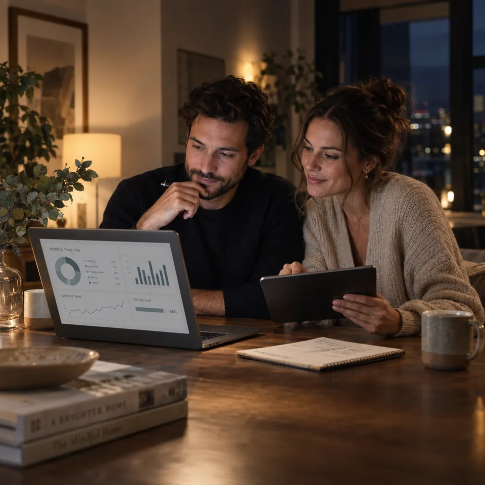 A couple reviewing financial charts on a laptop and tablet at home.