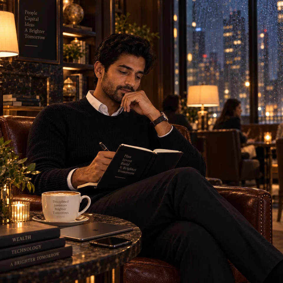 A man writing in a notebook beside a laptop in a lounge at night.