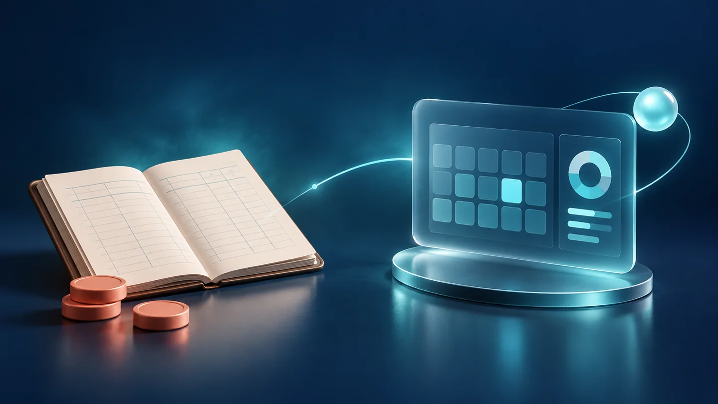 A coral paper ledger beside a teal glass calendar illustrating manual and app-based budgeting.