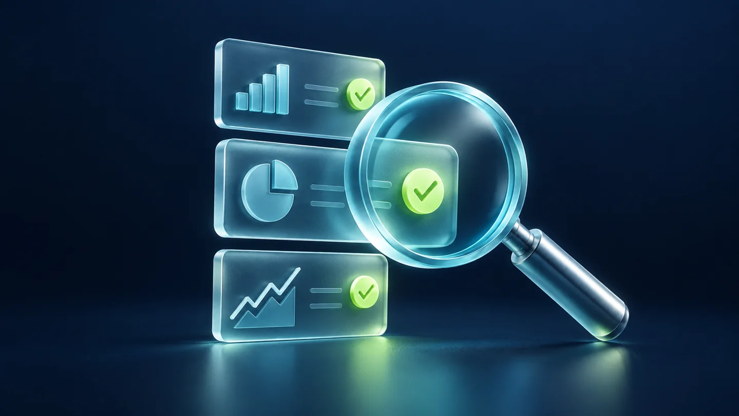 Glass magnifying lens examining investment records and checklist symbols.