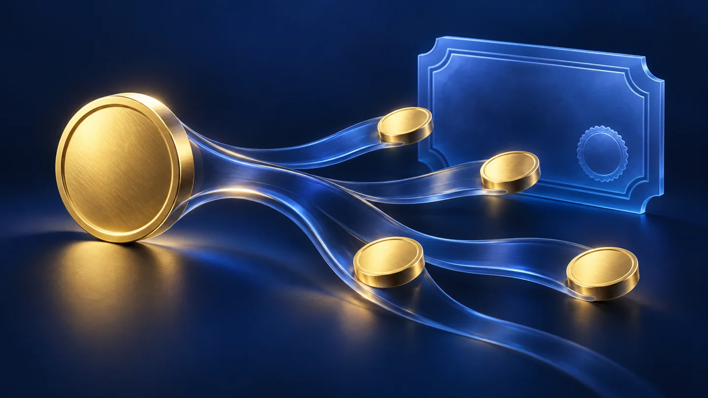 Gold tokens branching beside a glass share certificate to illustrate dividends and stock events.