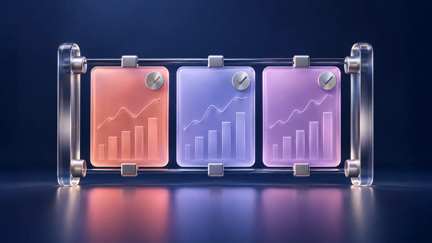 Aligned share records inside a glass measuring frame illustrating a stock data accuracy check.