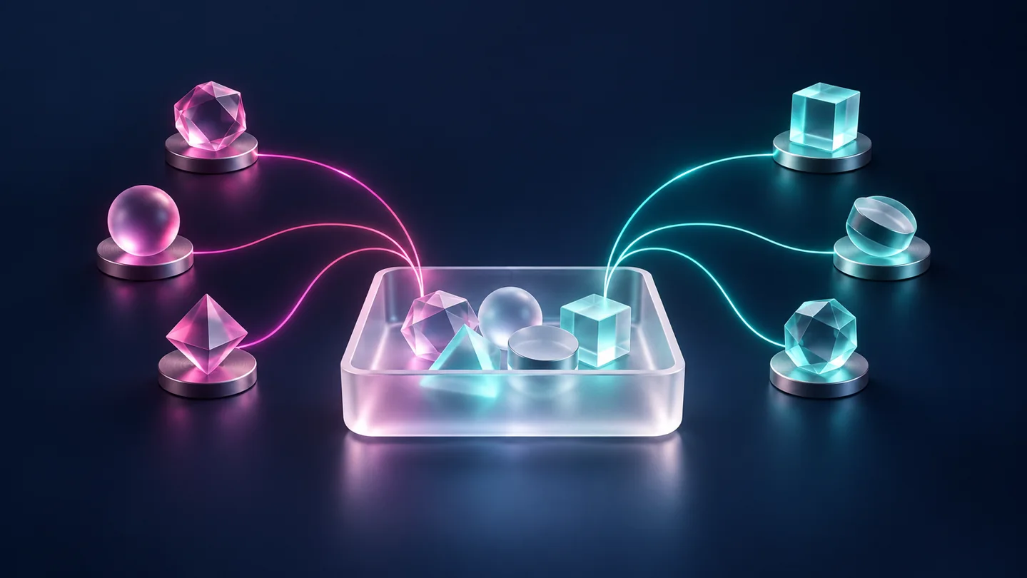 Faceted tokens on separate paths converging on a tray representing crypto portfolio records.