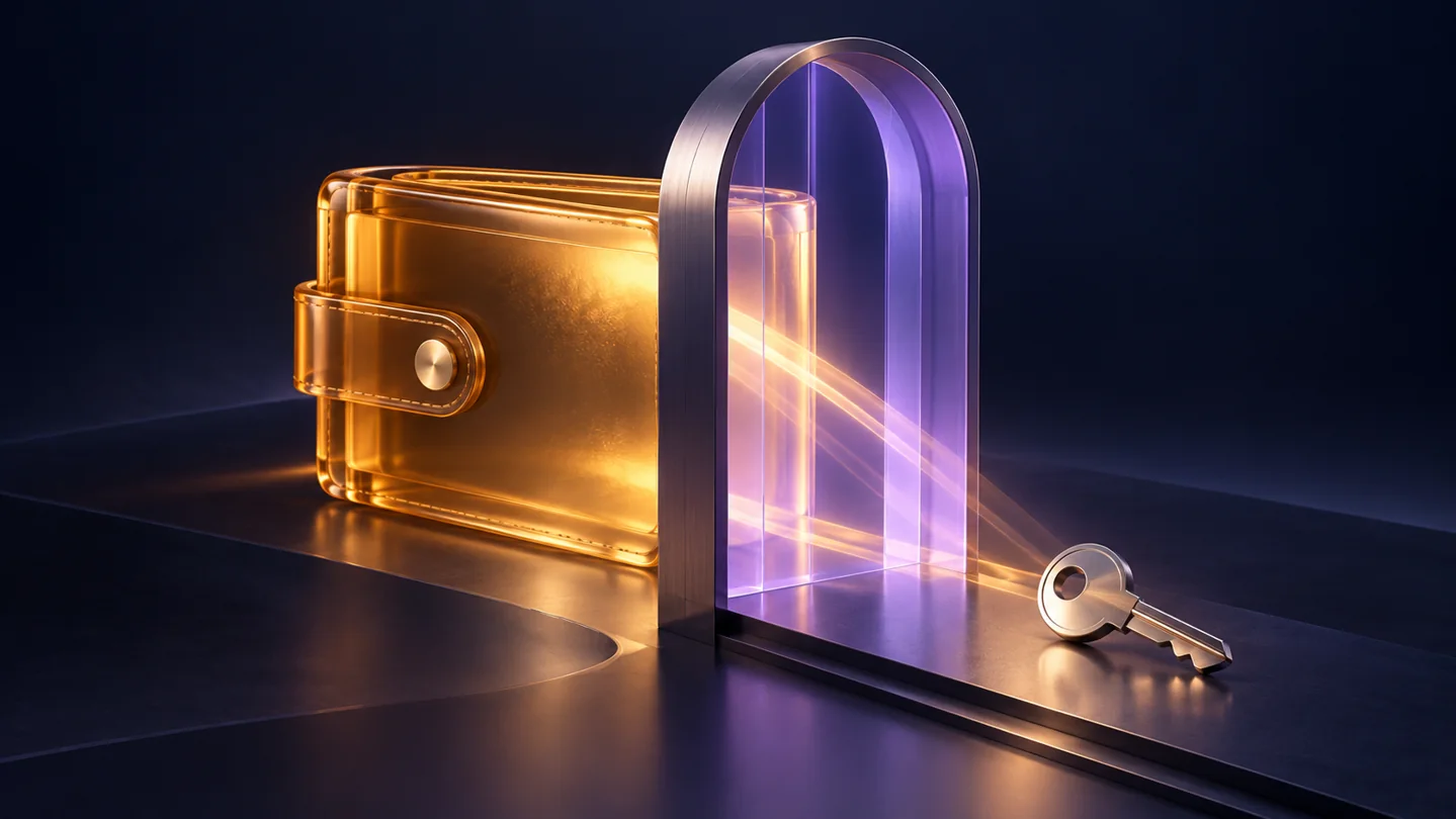 A glass wallet, separate key and gateway illustrating wallet access permissions.
